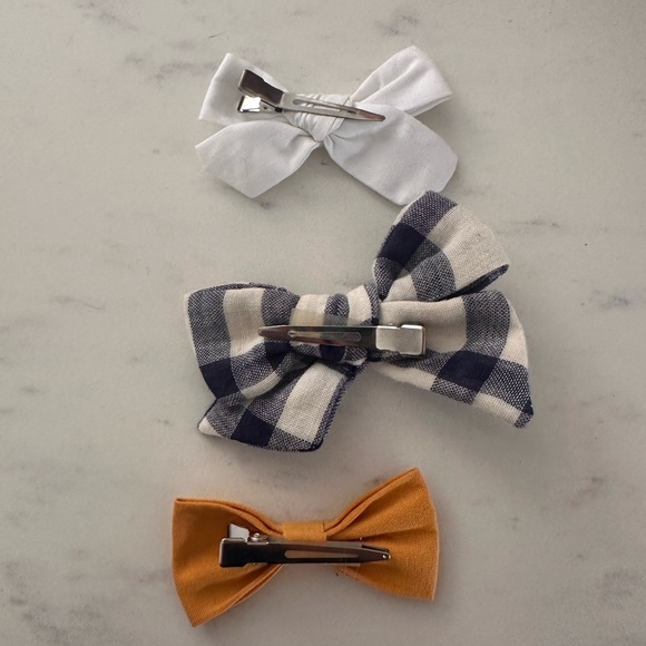 LITTLE POPPY CO COMPANY 3 clip bows blue white mustard yellow ivory - Picture 2 of 3